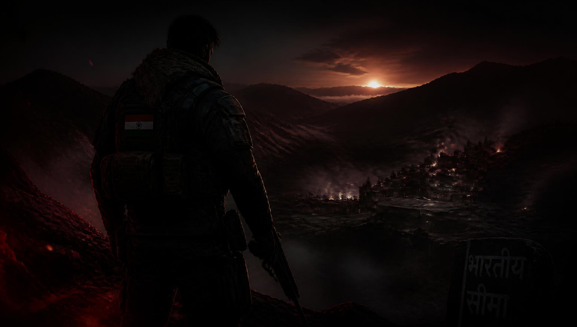 Original armored operative overlooking a fog-covered Indian valley at dawn